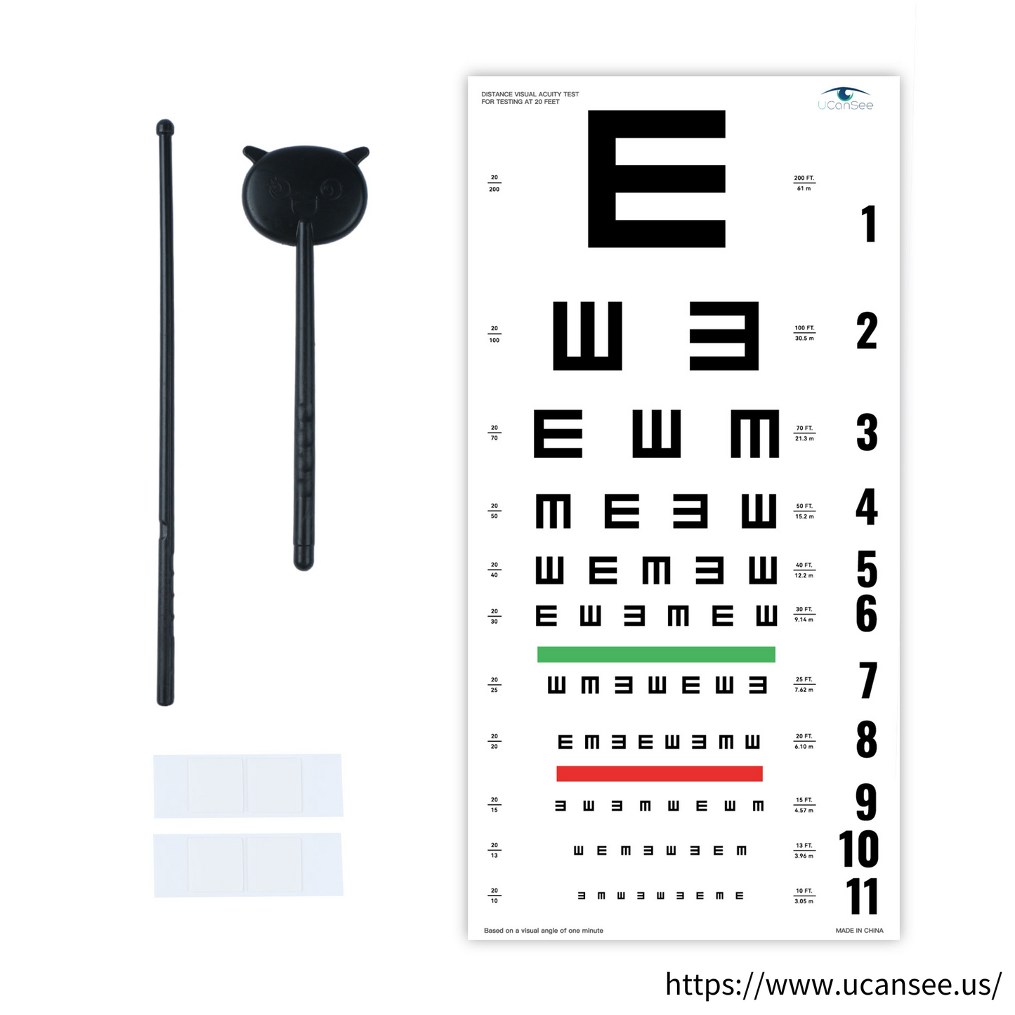 UCanSee E Eye Chart Visual Acuity Chart (22x11 Inches) with Eye Occluder and Pointer for Eye Exams 20 Feet