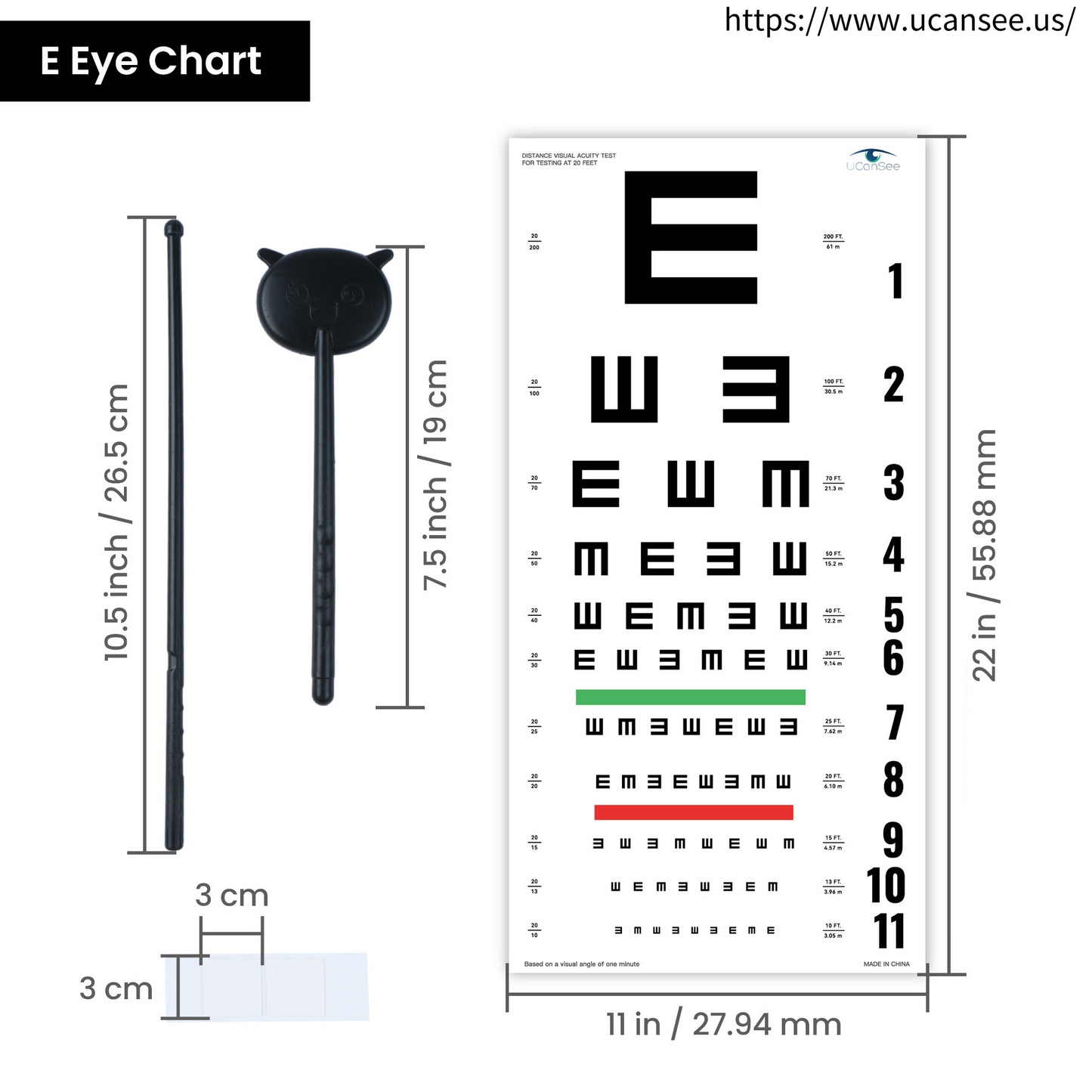 UCanSee E Eye Chart Visual Acuity Chart (22x11 Inches) with Eye Occluder and Pointer for Eye Exams 20 Feet