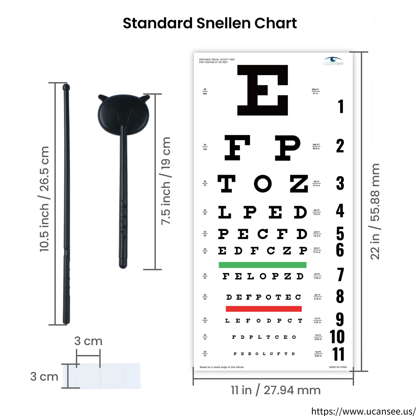 UCanSee Snellen Eye Chart Visual Acuity Chart (22x11 Inches) with Eye Occluder and Pointer for Eye Exams 20 Feet